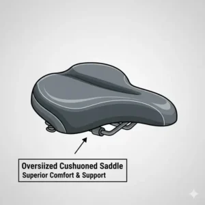 Oversized cushioned saddle providing superior comfort for long rides, found on best e bikes for seniors with balance issues.