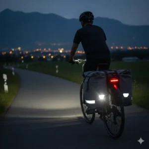 Side bag for ebike with highly reflective strips to enhance visibility and safety during night riding. 
