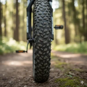 Detail of the rugged, fat tires suitable for off-road riding with a dual motor electric bicycle.