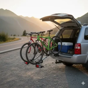 A swing-away style three bike car rack pivoted away from the vehicle to allow access to the trunk or hatch. 