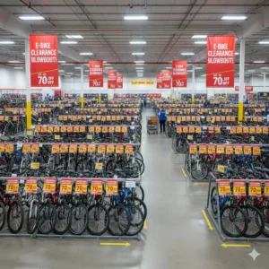 A brightly lit warehouse or shop floor showing a large amount of current inventory for the big e bike clearance event.