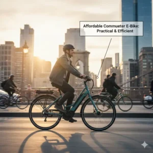 An affordable commuter e-bike with a hub motor and integrated rack being ridden across a city bridge.