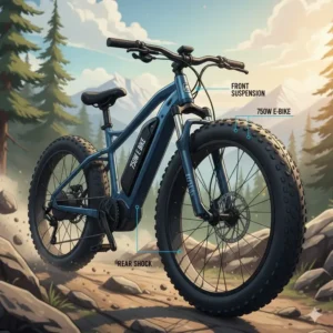 Front and rear full suspension on a rugged 750w electric bike.