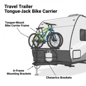 Diagram of a specialized travel trailer bike carrier mounted near the tongue jack, keeping bikes accessible at the front.