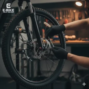 Hands adjusting the cable tension on disc brakes, a critical step in electric bicycle repair for safety and effectiveness. 