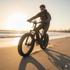 A rider enjoying an electric fat tire bike under 1500 on a sandy beach, illustrating the bike's capability on diverse terrains.