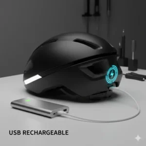Illustration highlighting the USB charging port on a bike helmet with light, demonstrating its rechargeable battery feature. 