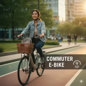 An urban cyclist riding a Class 2 commuter e-bike with a basket and integrated lights in a city lane.