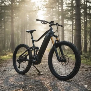 Full-suspension system on a dual motor electric bicycle, designed for enhanced comfort and control on rough terrain.