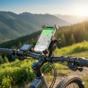 Illustration showcasing an e-bike phone holder with a waterproof case, protecting a smartphone from elements.