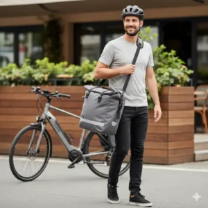 Cyclist using the comfortable shoulder strap to carry the multi-functional side bag for ebike off the bicycle. 