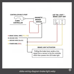 Simple e-bike wiring diagram illustrating how to connect the new brake light for electric bike to the controller for power.