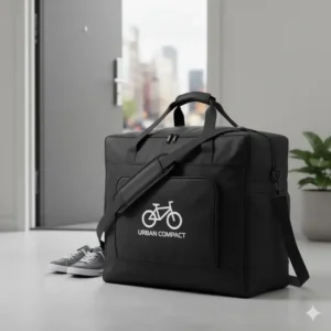 A durable carrying bag designed for electric bike storage and transporting a compact, folding electric bike.