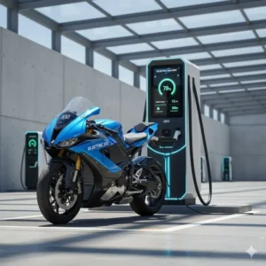 A high-performance electric bike 300 connected to a fast-charging station.