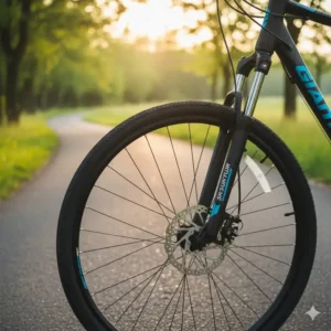 Front suspension fork on the giant hybrid bike, absorbing shocks for a smoother ride, next to the powerful disk brake.