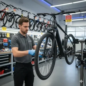 A technician performing a final check on a certified pre-owned or clearance model electric bike before sale.