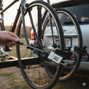 Detail of the integrated cable lock and anti-sway cradles used on this premium three bike car rack for security. 