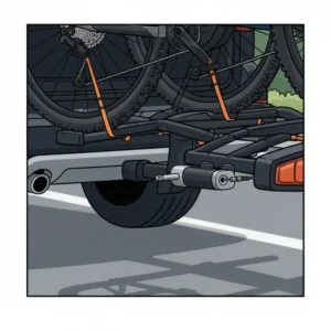 Clear view of the hitch receiver pin and anti-wobble mechanism that secures the e bike hitch carrier to the tow hitch.