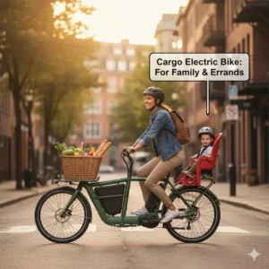 A practical cargo electric bike for commuting carrying a child seat and groceries on the rear rack.