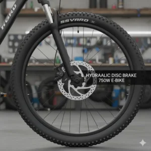 Hydraulic disc brakes on the front wheel of a 750w e bike for reliable stopping power.