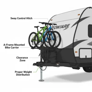Graphic showing how a quality travel trailer bike carrier maintains proper weight distribution and doesn't interfere with sway control hitches.