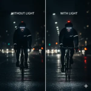 A visual comparison showing the difference in visibility with and without a bike helmet with light system. 