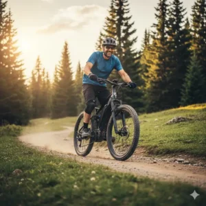 A happy rider on a trail with their dual motor electric bicycle, enjoying the extra power and stability.