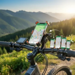 Dynamic illustration of an e-bike phone holder demonstrating its adjustable viewing angles for optimal visibility.