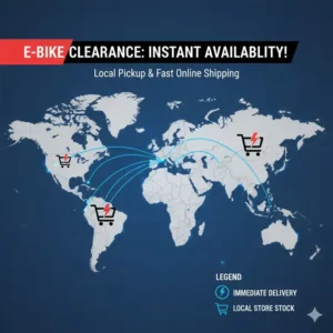 A graphic illustrating local store locations or online shipping zones for immediate delivery of the e bike clearance stock.