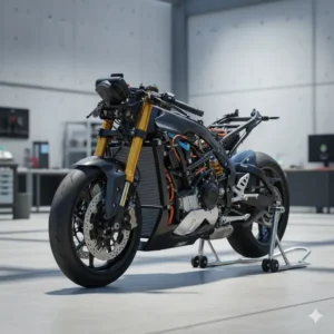 Lightweight carbon fiber frame and high-grade suspension of the electric bike 300 model.