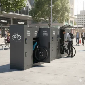 Secure public locker station offering temporary electric bike storage at a transit hub or city center.