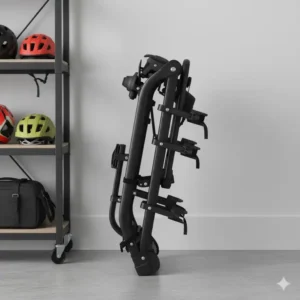 The compact, folded position of a high-quality three bike car rack when not in use or for easy storage. 