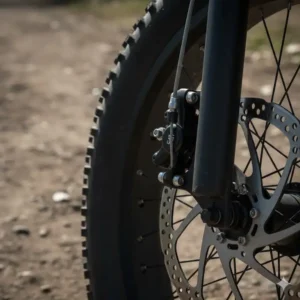 Detail shot of the mechanical disc brakes on an example of the safety features found in electric fat tire bikes under 1500.