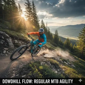 Rider descending a singletrack trail on a lightweight, regular mountain bike in the context of electric mountain bike vs regular mountain bike handling.