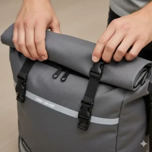 Detail of the secure and weather-tight roll-top closure on the premium side bag for ebike. 