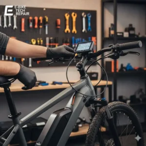 An electric bicycle repair specialist connecting a diagnostic tool to the bike's display and controller system. 