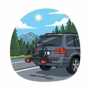 The e bike hitch carrier folded up against the vehicle when not in use, illustrating its compact storage design.