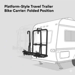 Image of a sturdy platform-style bike carrier on a travel trailer, folded up and out of the way when not in use.