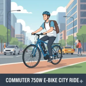 A commuter riding a 750w ebike through a city street.