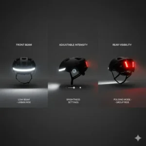 Multiple angles of a bike helmet with light, showcasing adjustable brightness settings and beam patterns for different riding conditions.