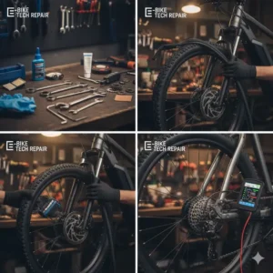 Lubricating and cleaning the drivetrain, essential maintenance preceding many electric bicycle repair jobs.