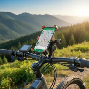 Illustration highlighting the universal compatibility of an e-bike phone holder with various smartphone sizes.