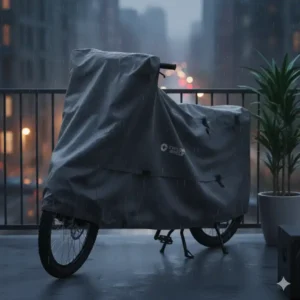 A heavy-duty, weatherproof cover placed over an electric bike stored on a balcony, providing electric bike storage protection from the elements.