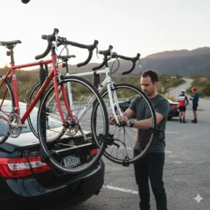 Demonstrating the proper technique for fitting and securing road bikes onto a universal three bike car rack.