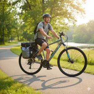 Giant hybrid bike equipped with a rear rack, demonstrating its utility for carrying cargo and urban commuting.