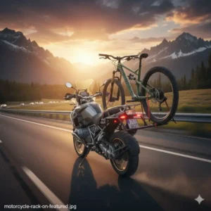Action shot of a motorcycle traveling on the highway with a bicycle securely mounted on the bike rack for motorcycle.