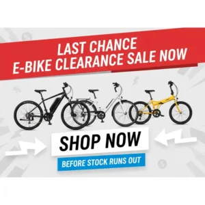 A dynamic image or banner with a clear call-to-action to "Shop the E Bike Clearance Now" before stock runs out.