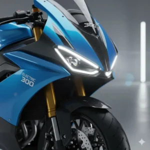 The sleek, modern headlight and front-end styling of the electric bike 300.