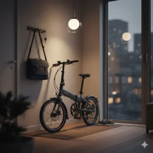 A compact, foldable electric bike being stored easily in a small apartment entryway after a commute.