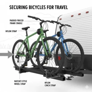 Detailed view of the straps and cradles used to safely secure bikes to the back of a travel trailer bike carrier.
